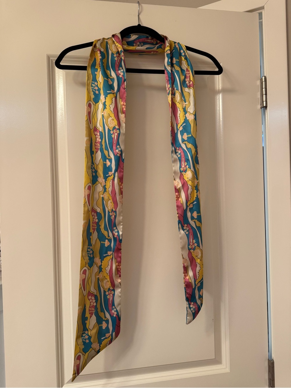 Silk-Feel Multicolor Printed Long Scarf - Yellow, Teal & Pink